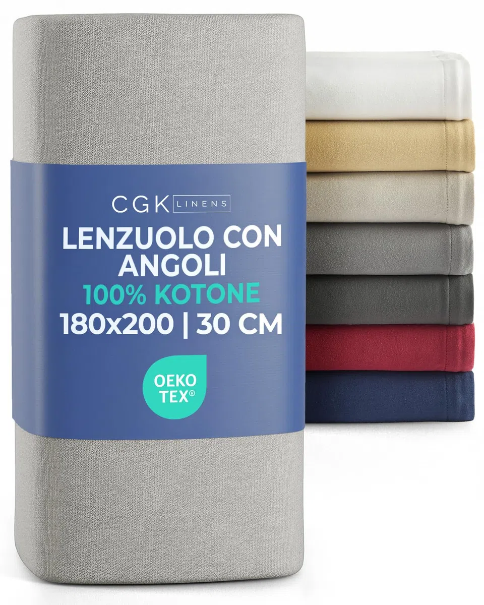Lenzuolo con angoli 180x200 cm Grigio Chiaro - 100% Jersey Cotone morbido & traspirante - Tasca 30 cm / 12" - Anti-grinze, Resistente, Ipoallergenico & Traspirante - Certificato OEKO-TEX Standard 100