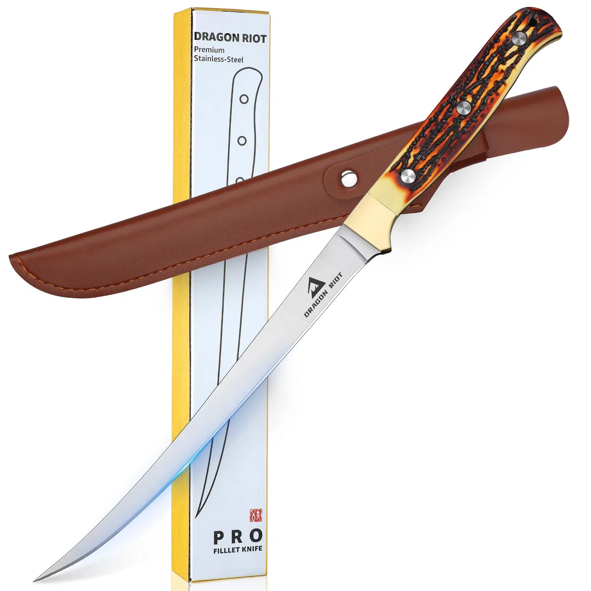 DRAGON RIOT Coltello Per Sfilettare Il Pesce, 18.5cm Coltello Da Pesce In Acciaio Inox Con Impugnatura Antiscivolo, Coltello Da Pesca Professionale Molto Affilato, Coltello Da Carne Per Il Pesce