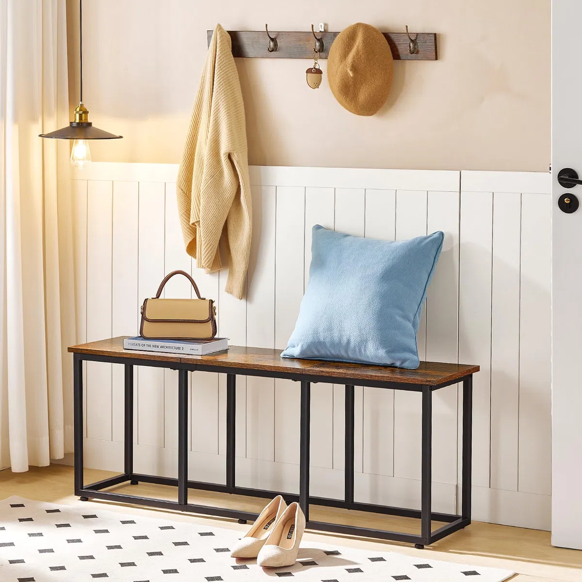 HOOBRO Sgabello da Pranzo, Panca da Cucina, Panchina da Ingresso, Stile Industriale, Panchina da Letto, Facile da Montare, per Sala da Pranzo, Camera da Letto, Marrone Vintage e Nero EBF45CD01