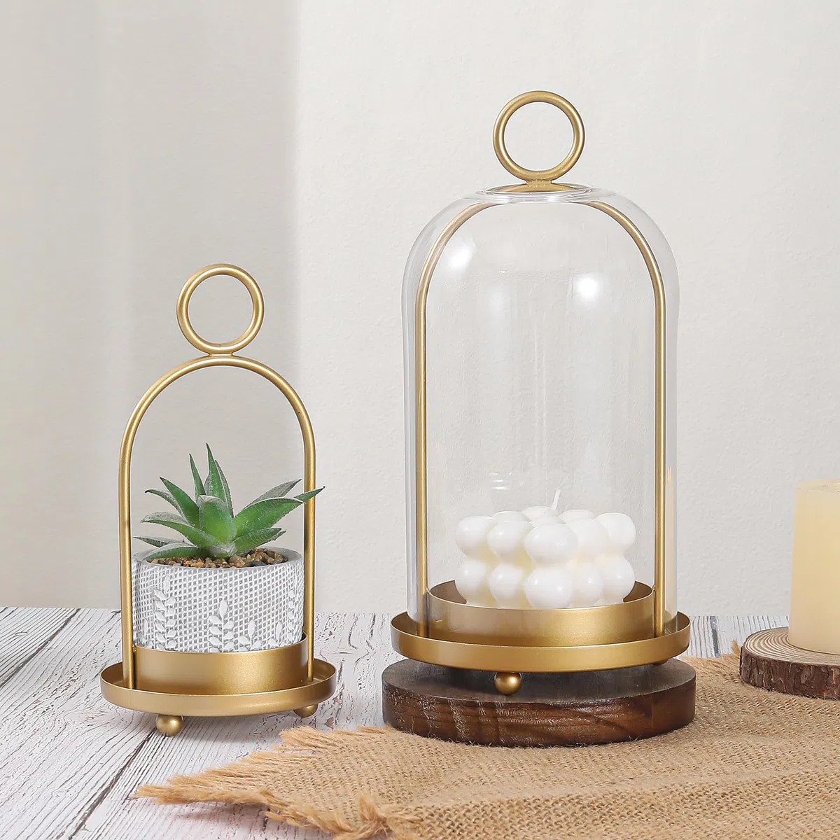 Versatile set di portacandele in metallo con cupola in vetro fatto a mano, portacandele in ottone, larghezza 13,2 cm e 10,4 cm, per tavolo o da appendere, decorazione industriale e fattoria