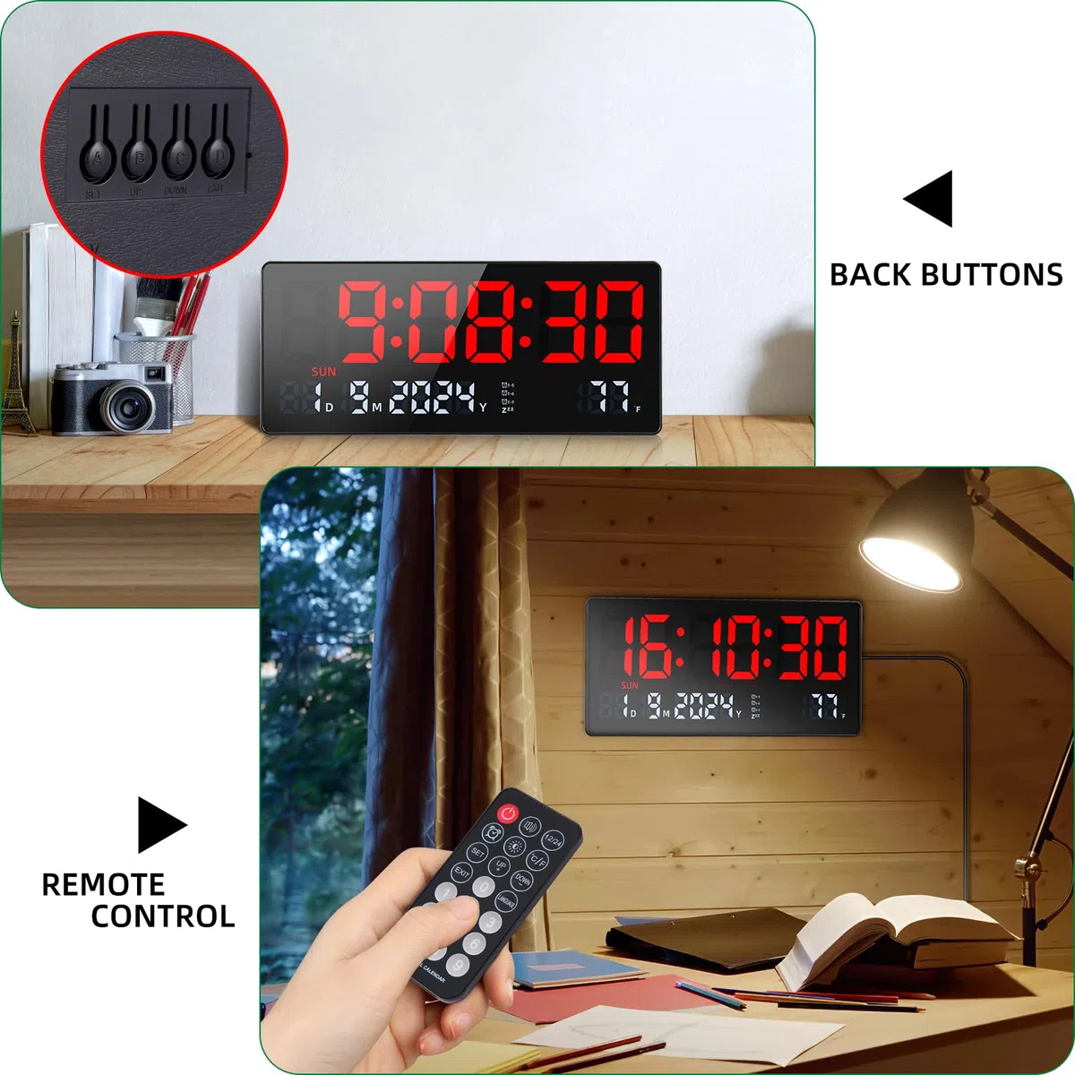 Fuloon Orologio da Parete Digitale, 15.5" Grande LED Orologio da Parete Digitale con Calendario, Secondi, Temperatura, Data, Settimana, LED Sveglia da Tavolo con Supporto per Soggiorno Cucina Ufficio