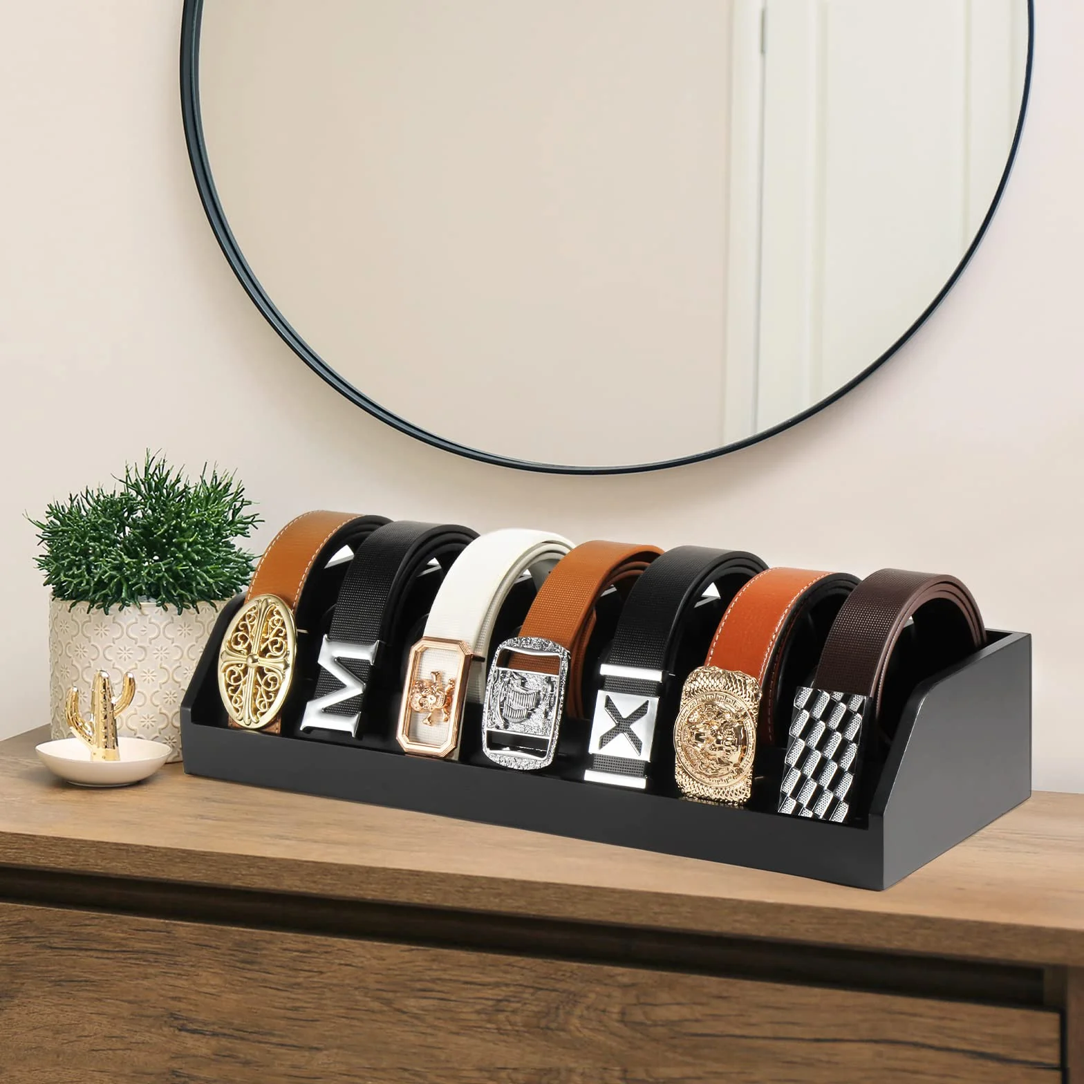 B4Life Organizer per cinture, regalo per la festa del papà, 7 scomparti, espositore per cintura da uomo, in bambù per armadio e cassetto, espositore per cinture, organizer per cinture da parete