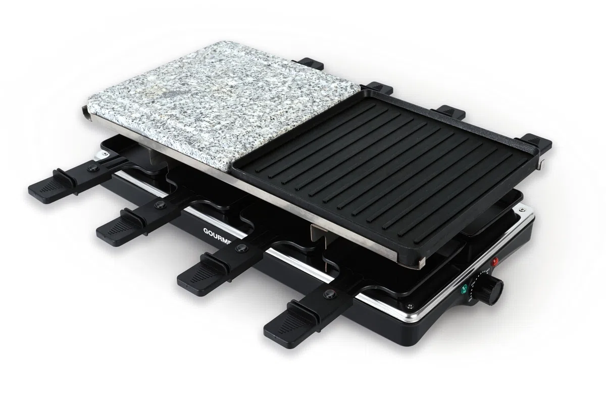 GOURMETmaxx Raclette 2 in 1 Set per 8 persone | Raclette con piastra in pietra e piastra in alluminio con 8 padelle e raschietti | Combinazione raclette con regolazione della temperatura | Griglia