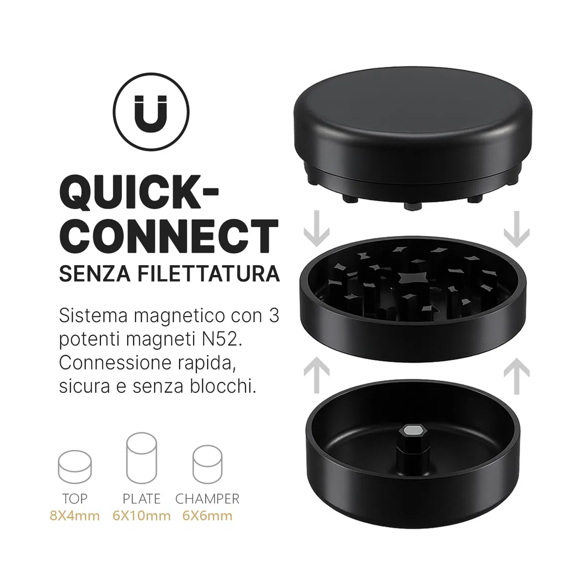 Grinder Premium CERAMIC NANO PRO 2.0 | Rivestimento Nano Ceramico Antiaderente | Sistema Quick-Connect senza filettatura con magnete N52 | Ø 62 mm Camera Profonda | Grinder per Erbe e Spezie