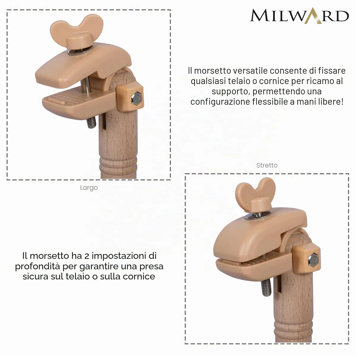 MILWARDS Telaio per sedile regolabile - a mani libere supporto per grembo, supporto per punto croce ruotabile, legno di faggio, con attacco a morsetto versatile
