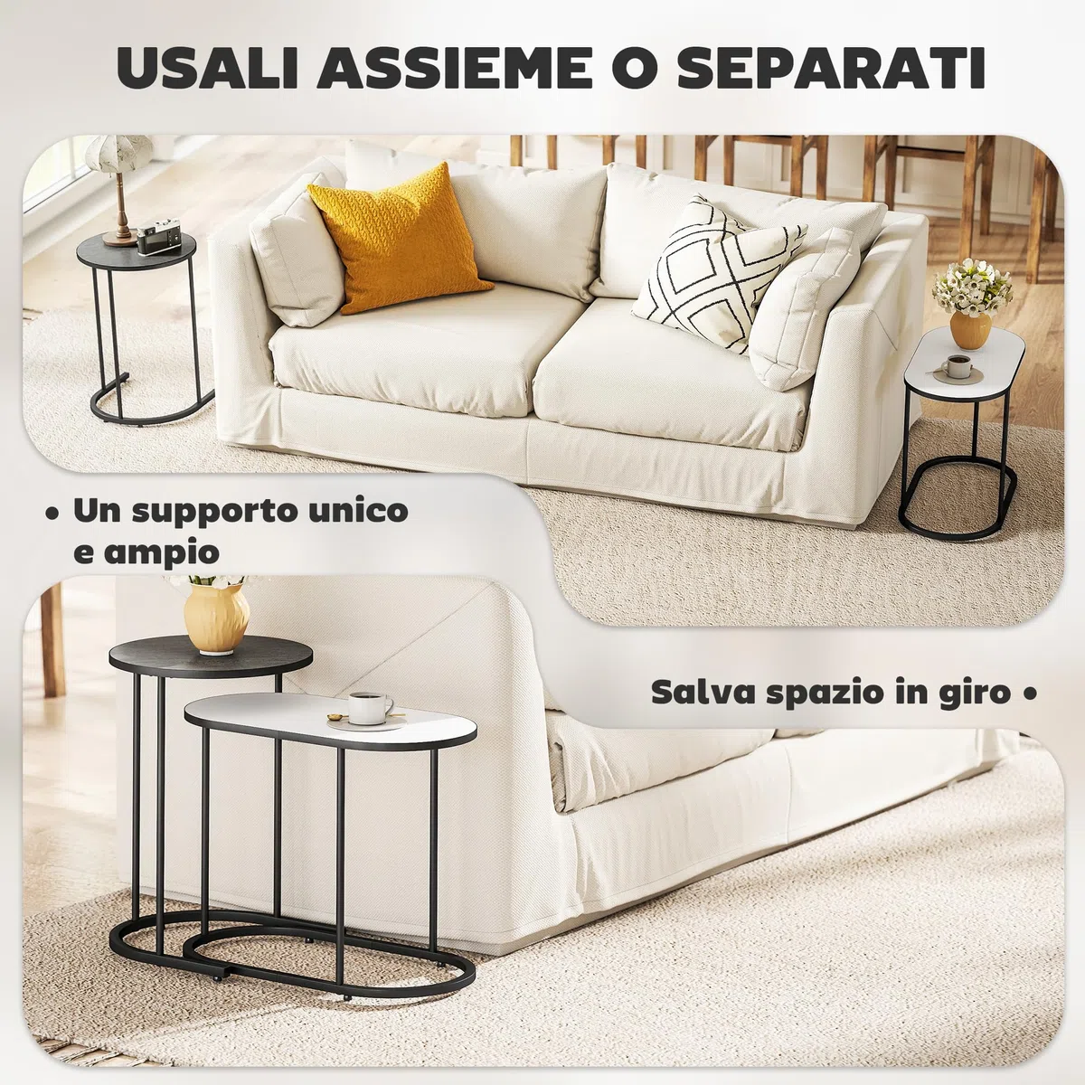 HOMCOM Set di 2 Tavolini da Salotto Impilabili, Tavolini Bassi con Telaio in Metallo per Soggiorno, Camera da Letto e Ufficio, Grigio e Bianco
