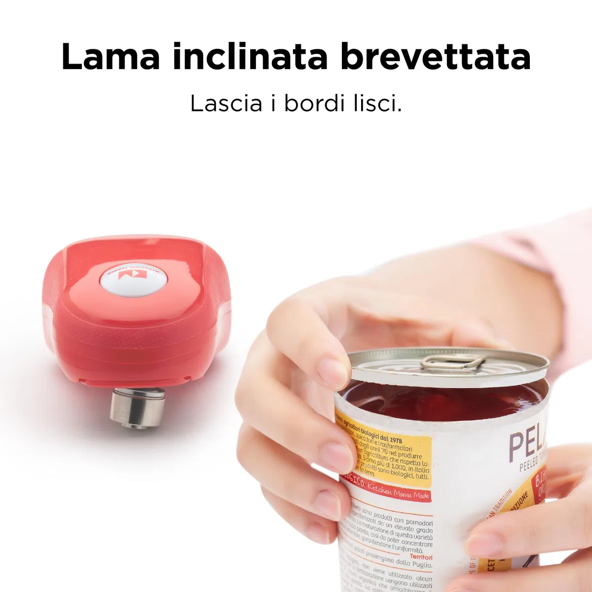 Kitchen Mama One -Touch Apriscatole Elettrico - Apri Lattine Automatico, Bordi Lisci e Sicuri, Ergonomico Facile Impiego Mani Sofferenti Artrosi, Design Compatto Senza Fili (Rosso)