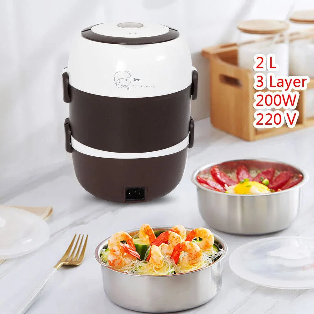 Cuocere riso portatile a vapore, contenitore elettrico per il pranzo, scalda cibo, scalda cibo elettrico, contenitore per il pranzo, 3 strati, 2 l, in acciaio inox