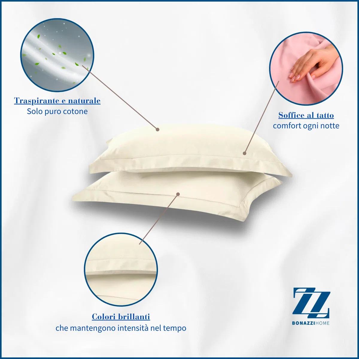 Bonazzi Home, 2 federe per cuscino in raso di puro cotone, misura 50x80cm, 100% MADE IN ITALY (Avorio)