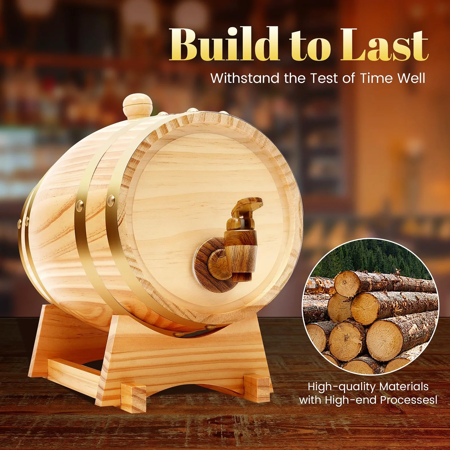 MINRS Botte in legno di quercia, 3 l, per whisky in legno di quercia, con tappo e rubinetto per vino e liquori, decorazione in legno originale