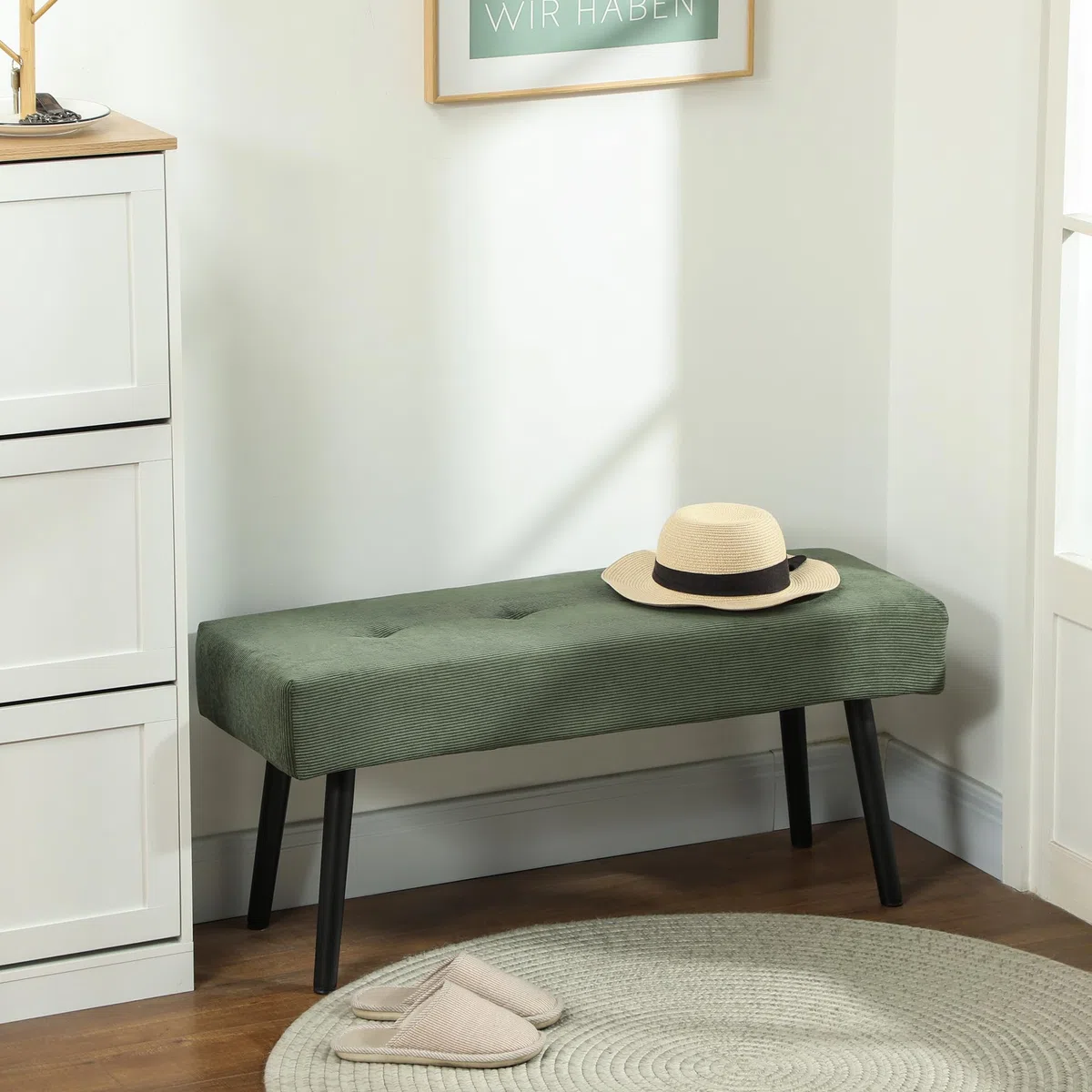 HOMCOM Panca per panca moderna con testiera imbottita in velluto a coste e gambe in acciaio nero, ideale per ingresso, soggiorno, camera da letto, carico 220 kg, 100 x 36 x 45 cm, verde