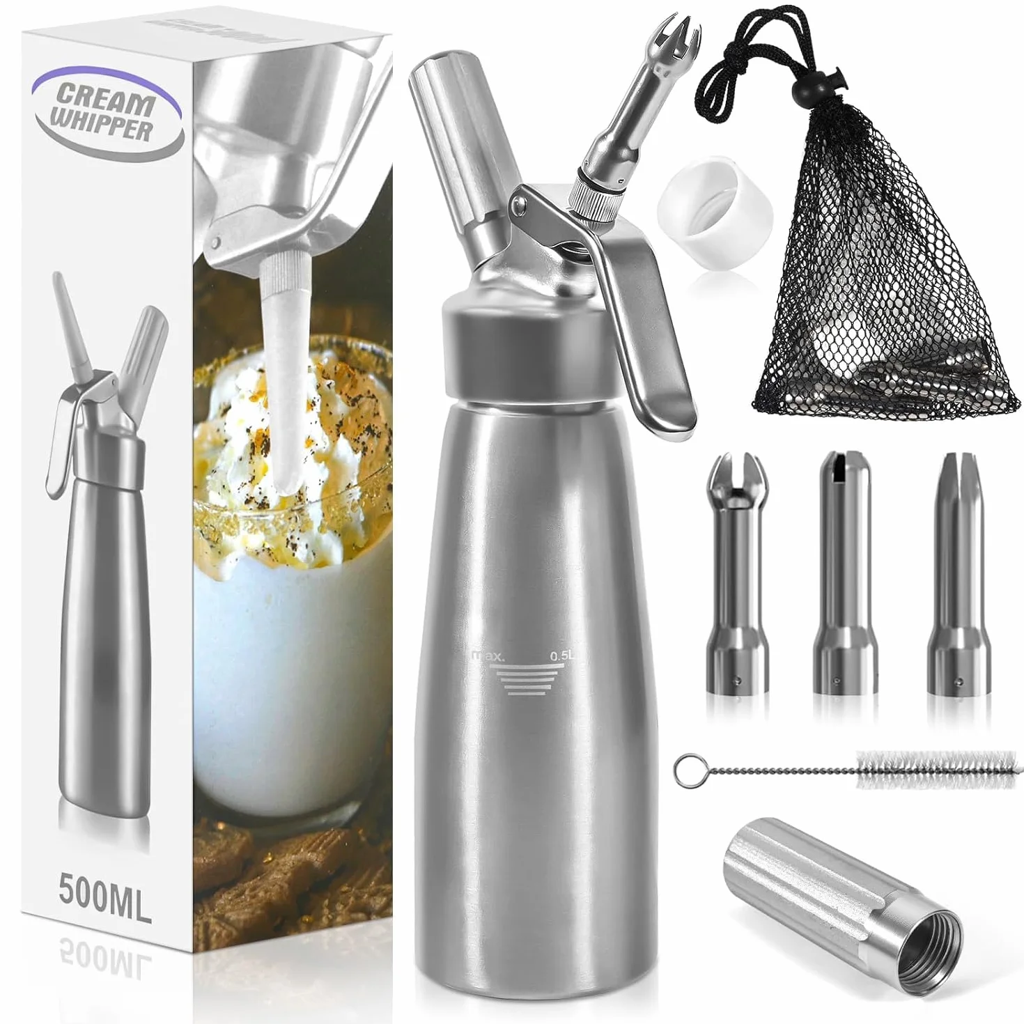 500ml Sifone Panna Montata, Sifone per Cucina, Dispenser Panna Montata, con 3 Ugelli e Spazzola da Pulizza, Borsa a Rete, per Decorazione Torte di Compleanno Dessert