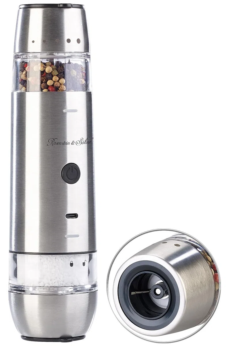 Rosenstein & Söhne macinapepe: Macina spezie 2in1 a batteria, 2 macinini in ceramica, 2 contenitori per spezie (macinapepe elettrico, con LED, barbecue)