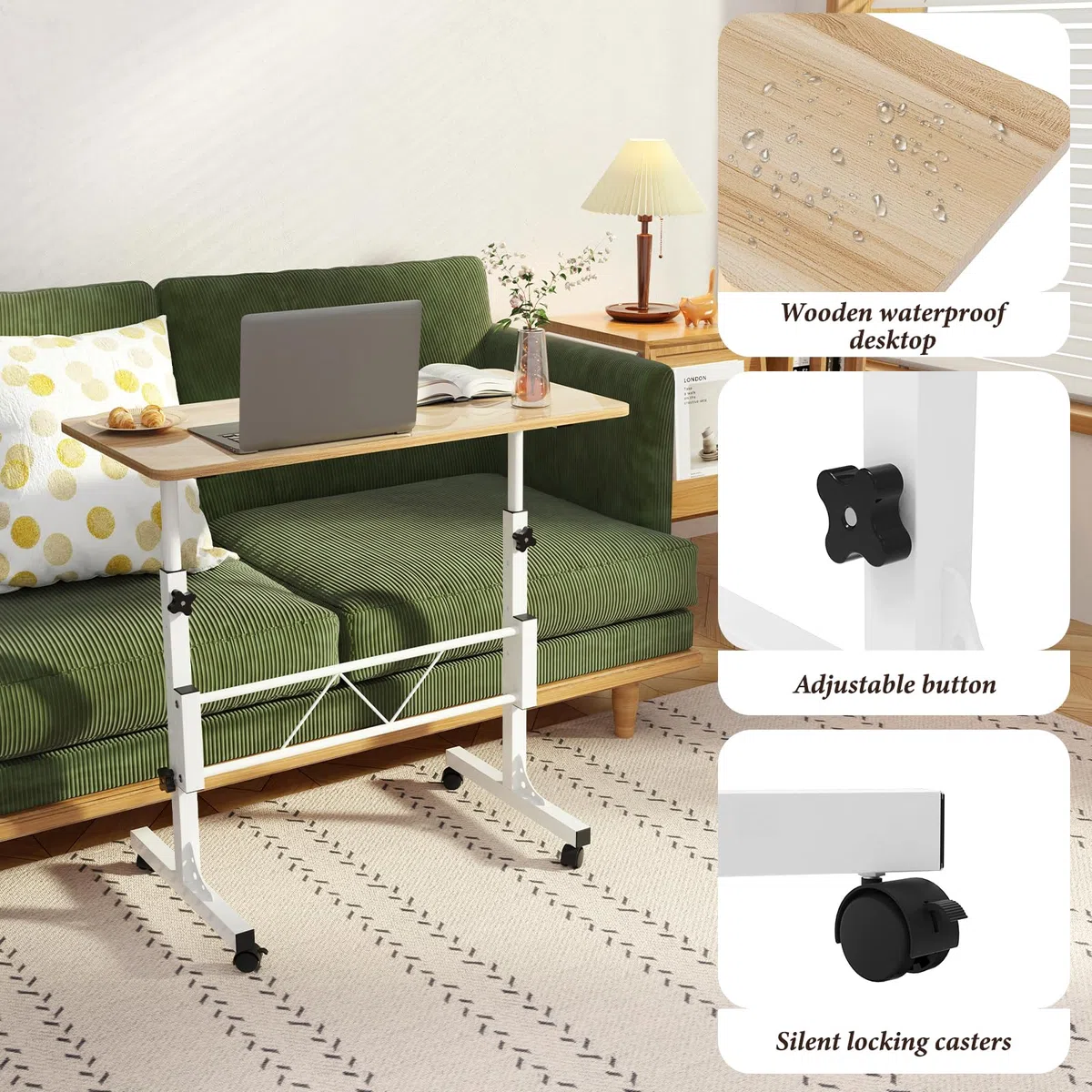 PIPIPOXER 80 x 40 cm, tavolo per computer portatile con ruote, altezza regolabile 69 – 110 cm, tavolo mobile da sopravvento, tavolo girevole a 360, tavolino per divano, legno