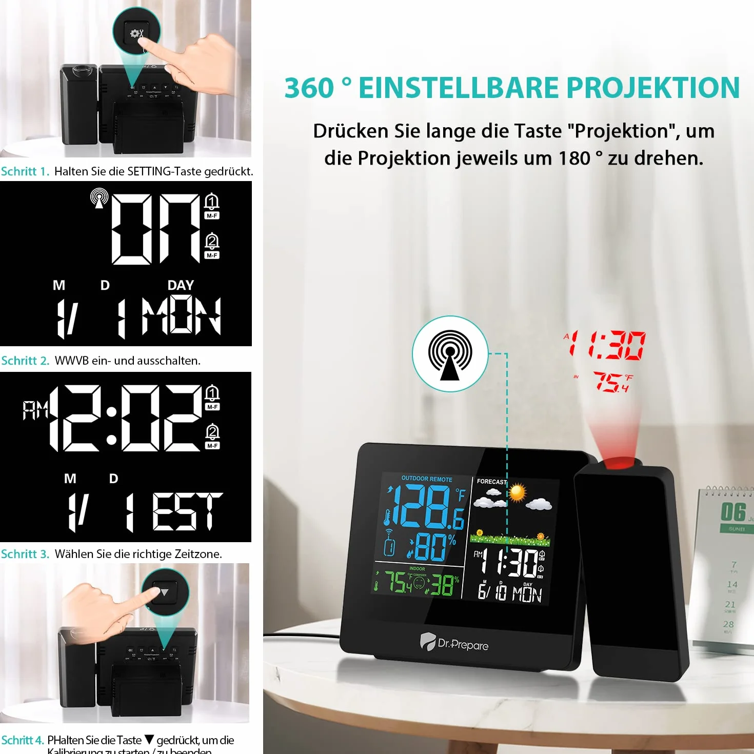 DR.PREPARE Sveglia con Proiettore Sveglia Proiezione Soffitto con Stazione Meteo Sensore Esterno Visualizza Temperatura Umidità Interna e Esterna per Camera da Letto Comodino.