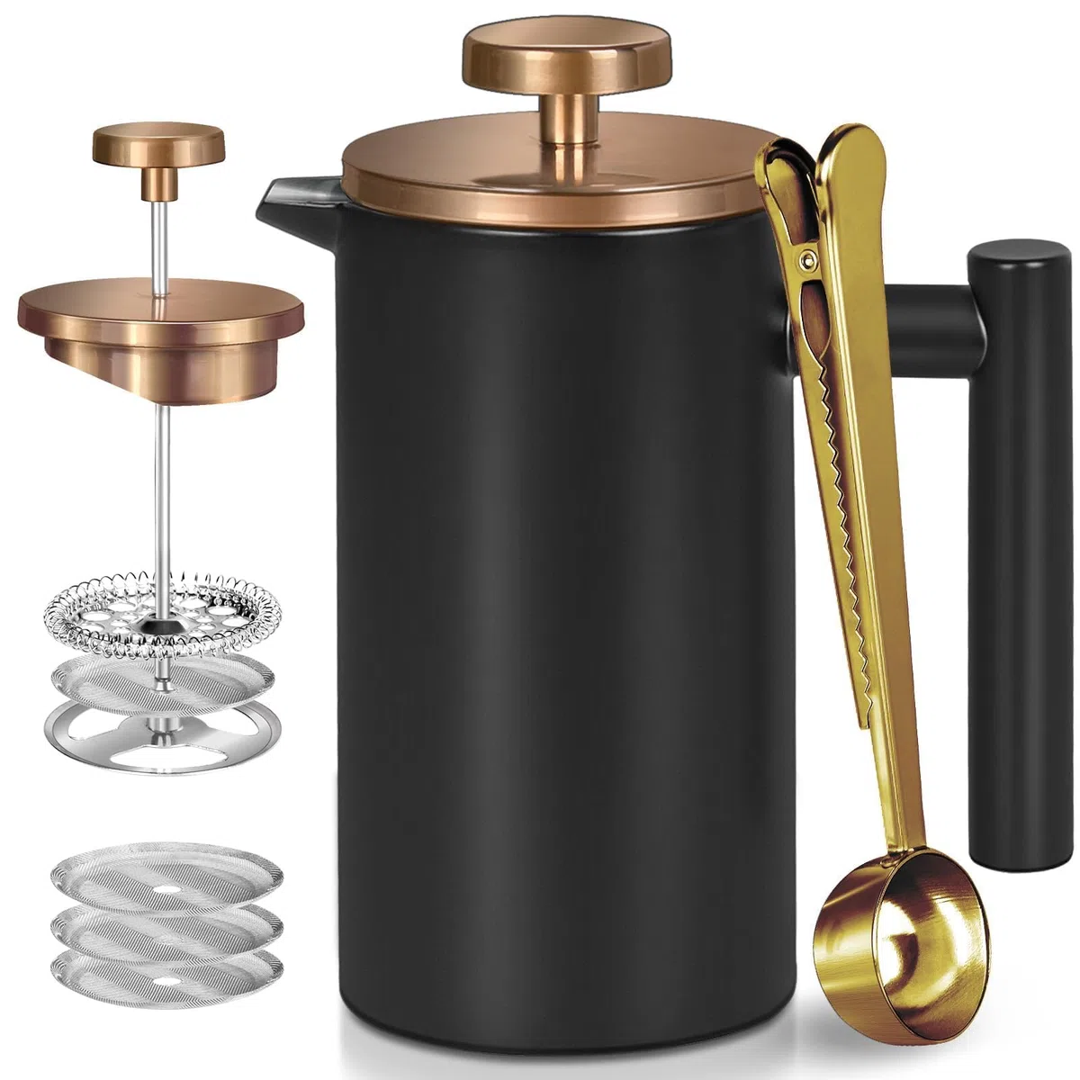 Pressa da caffè in acciaio inox, 600 ml, a doppia parete, isolata, per caffè e tè, con 3 setacci aggiuntivi e un cucchiaino da caffè, nero