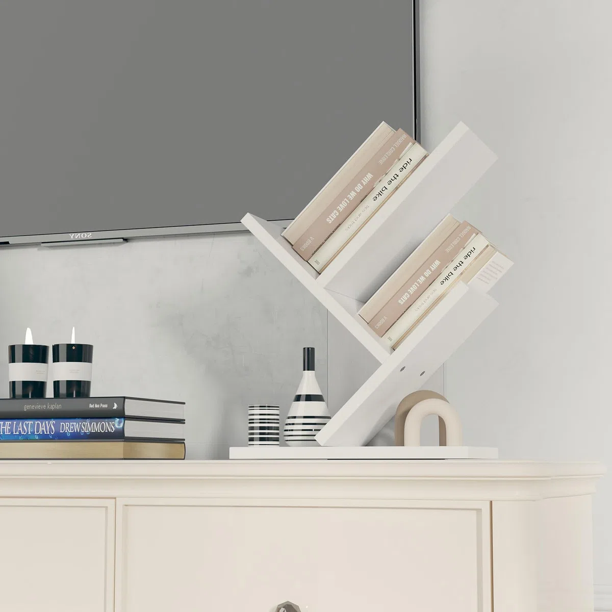 YMYNY Libreria ad Albero, Scaffale a 2 Ripiani, Organizzatore Scrivania, Moderna Autoportante Libri, Salvaspazio Legno Portaoggetti Librerie per Soggiorno, Studio, Ufficio, Bianco HBC012W