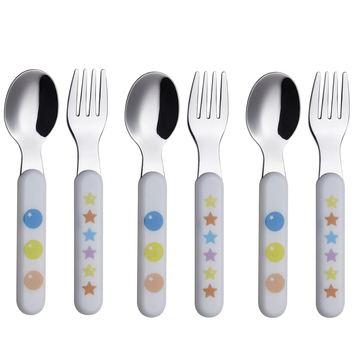 Exzact Posate per Bambini 6 Pezzi in Acciaio Inossidabile 18/10-3 x forchette, 3 x cucchiai da tavola - Manico in plastica, Utensili per Bambini Senza BPA - Stelle e Punti