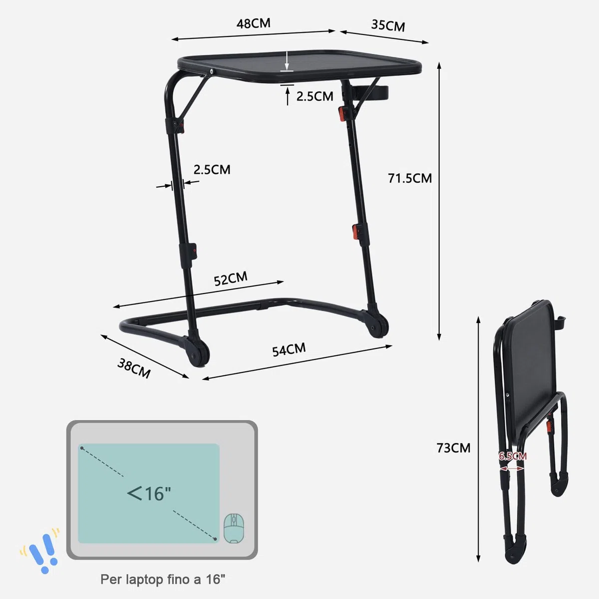 MEUBLE COSY Tavolino Pieghevole Regolabile, Tavolino da Divano con Piano Inclinabile, Porta Bicchiere, Tavolino Salvaspazio Senza Montaggio per Soggiorno, Letto, Divano, Nero