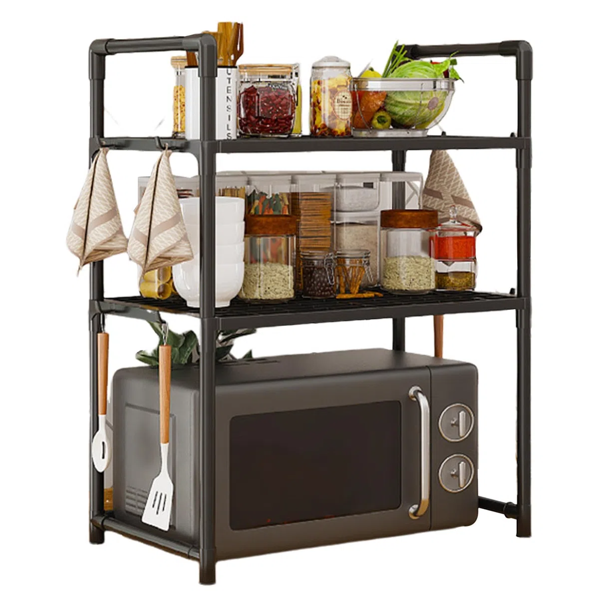 Scaffale Per Forno A Microonde, 2/3 Livelli Mensola Ripiano Della Cucina, Scaffale Per Forno A Microonde Da Appoggio, Mensola Microonde Salvaspazio Con Ganci, Microonde Cucina Organizzatore Ripiani