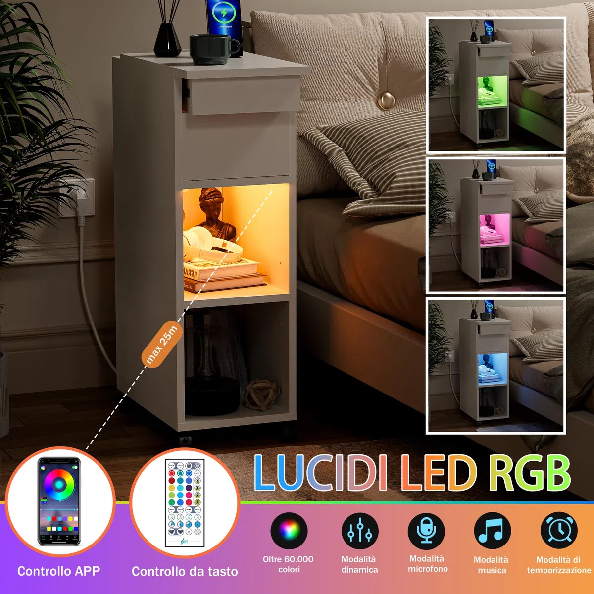 Comodino Stretto con Illuminazione a RGB LED e Stazione di Ricarica, 1 AC 2 USB Comodini con 2 Scomparti Aperti e 1 Ripiano Estraibile, 4 Rotelle, Soggiorno Studio, Moderno Bianco 25cm