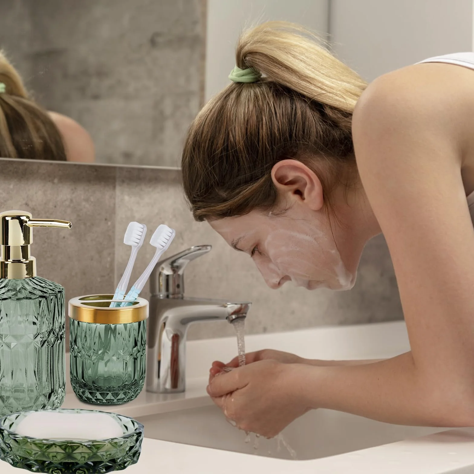 Set di 5 Accessori da Bagno in Vetro, Accessori da Bagno con Dispenser per Lozioni, Portasapone, Portaspazzolino, Tazza di Vetro, Barattolo di Cotton Fioc, Decorazione Moderna per Il Bagno