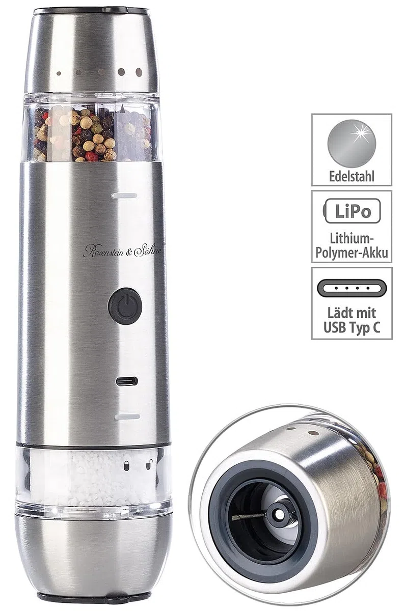 Rosenstein & Söhne macinapepe: Macina spezie 2in1 a batteria, 2 macinini in ceramica, 2 contenitori per spezie (macinapepe elettrico, con LED, barbecue)