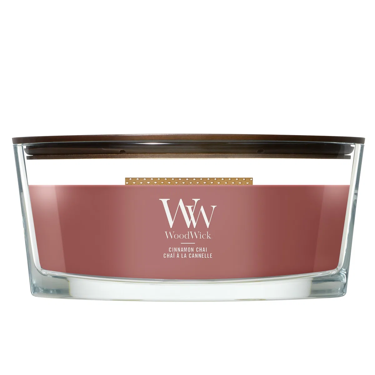 WoodWick Candela profumata Ellispe con stoppino crepitante | Cinnamon Chai | Durata della fragranza: fino a 50 ore