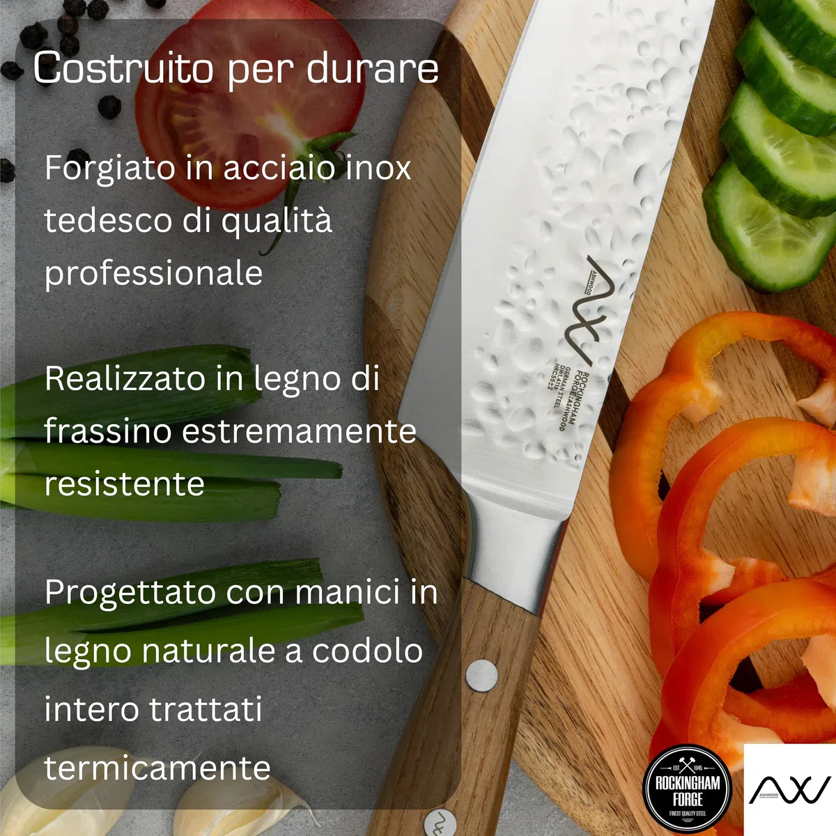Rockingham Forge Ashwood Coltello da Cucina Santoku Giapponese 17,5 cm - Lama Acciaio Inossidabile Tedesco Ultra Affilato - Martellata Antiaderente Professionale - Manico Legno Codolo Intero