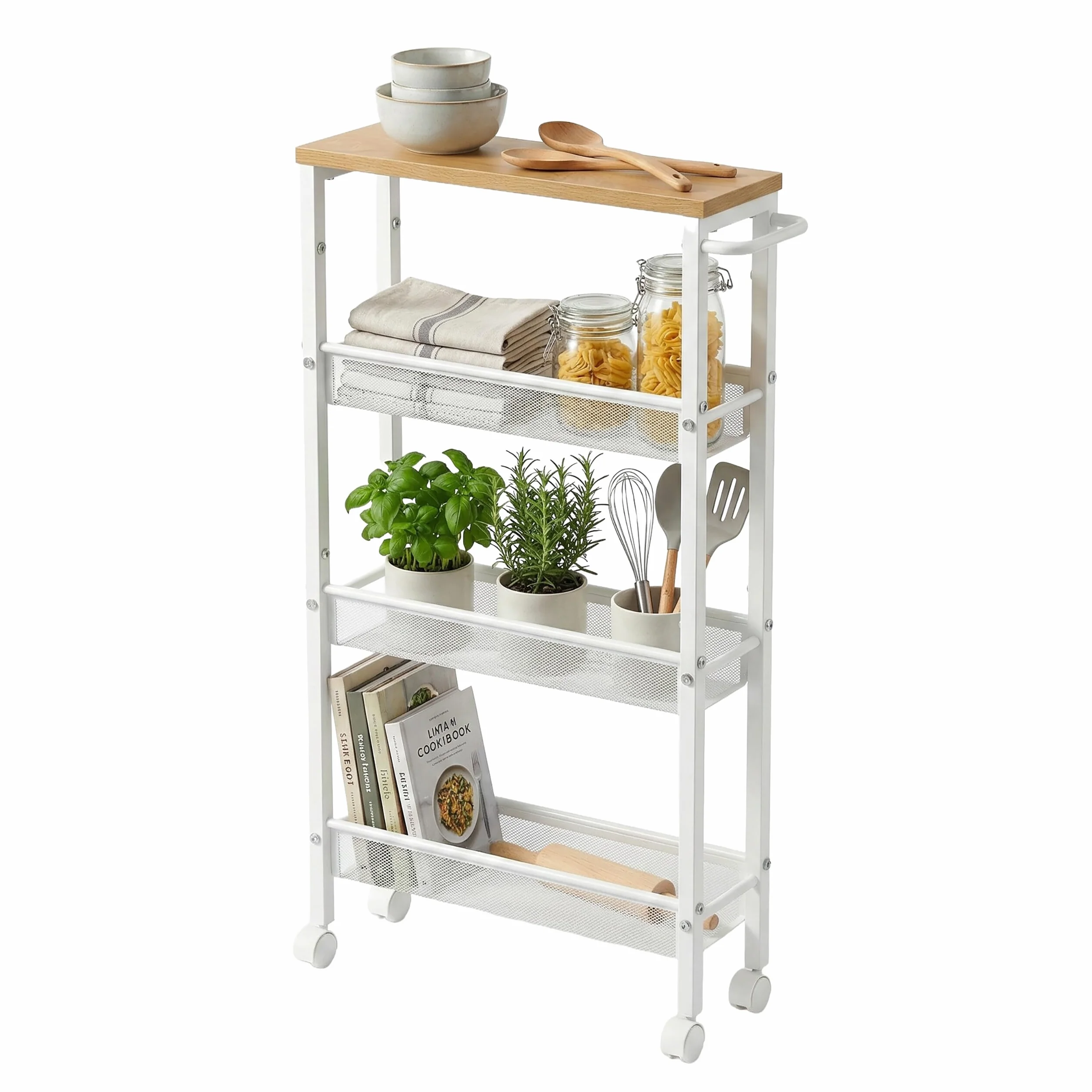 Relaxdays Carrello nicchia in Metallo Effetto Legno/Bianco, 4 Ripiani, salvaspazio Bagno/Cucina, 77x13x45 cm