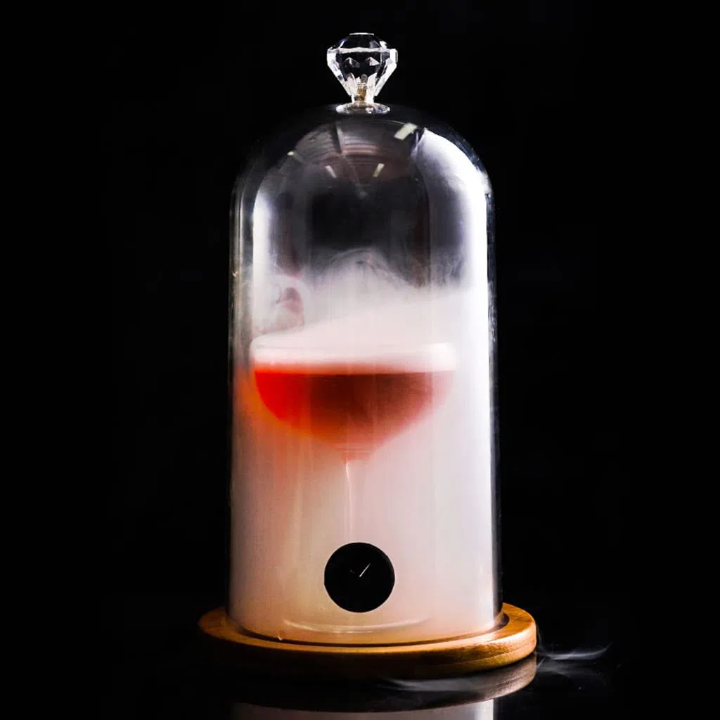 Cloche in plastica per affumicare, coperchio per cucina molecolare con fori in gomma, base in legno per cocktail, torte, bevande, fumare, cloche, copertura a cupola in vetro