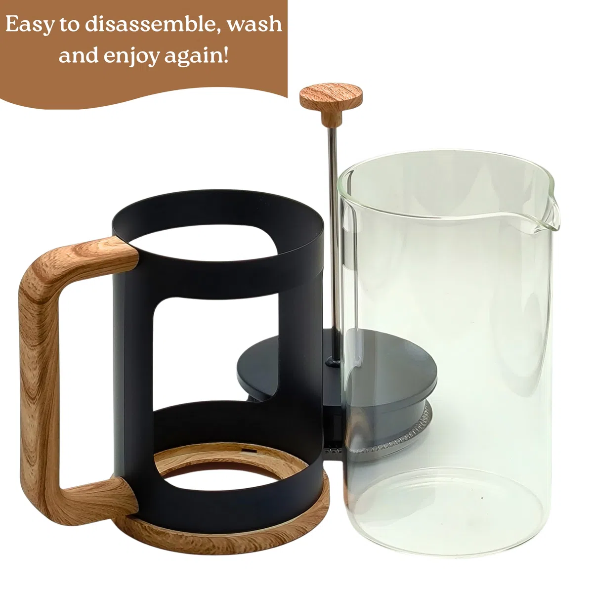 French Press da 1 Litro, Caffettiera a Stantuffo in Vetro Resistente al Calore, Filtro in Acciaio Inox, Manico con Finitura Effetto Legno, per 4 Tazze