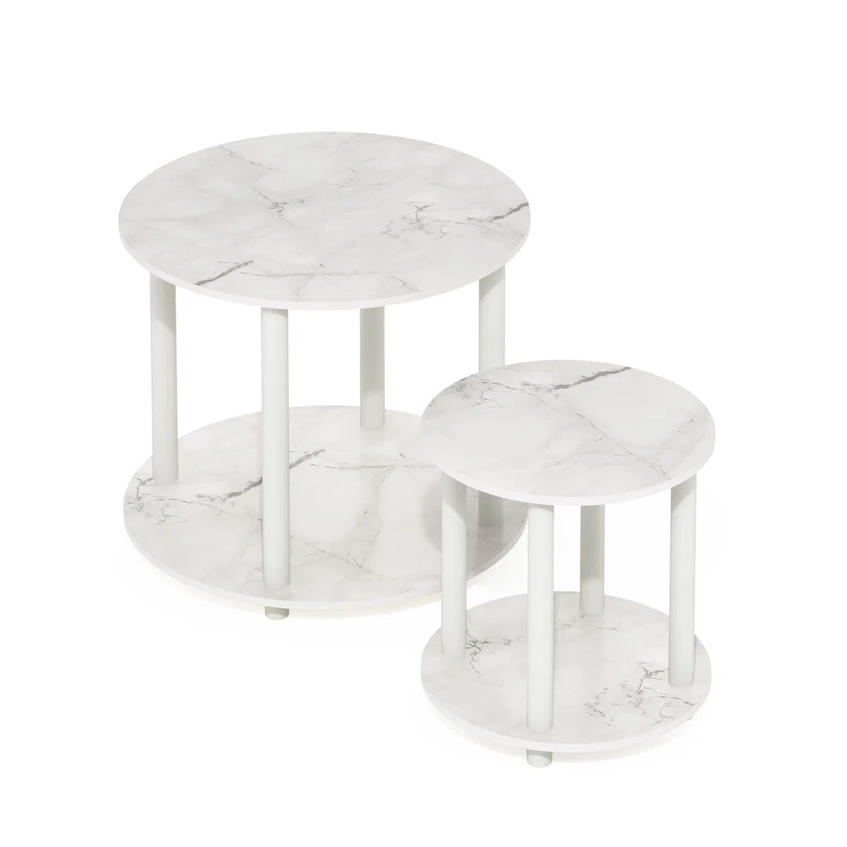 Furinno Turn-N-Tube Tavolo Rotondo in Legno a 2 Livelli, ingegnerizzato, Marmo Bianco, 1-Confezione