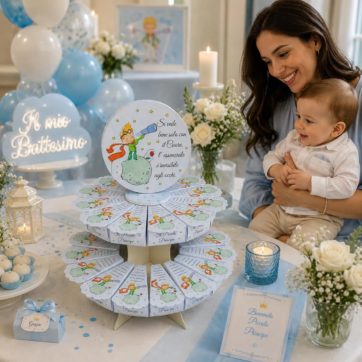 Regalami.Shop 30 Scatoline Portaconfetti Piccolo Principe per Battesimo, Comunione o Laurea, Complete di Bigliettino e Espositore Torta, Bomboniere per Confetti e Ricordini Evento (Piccolo p)