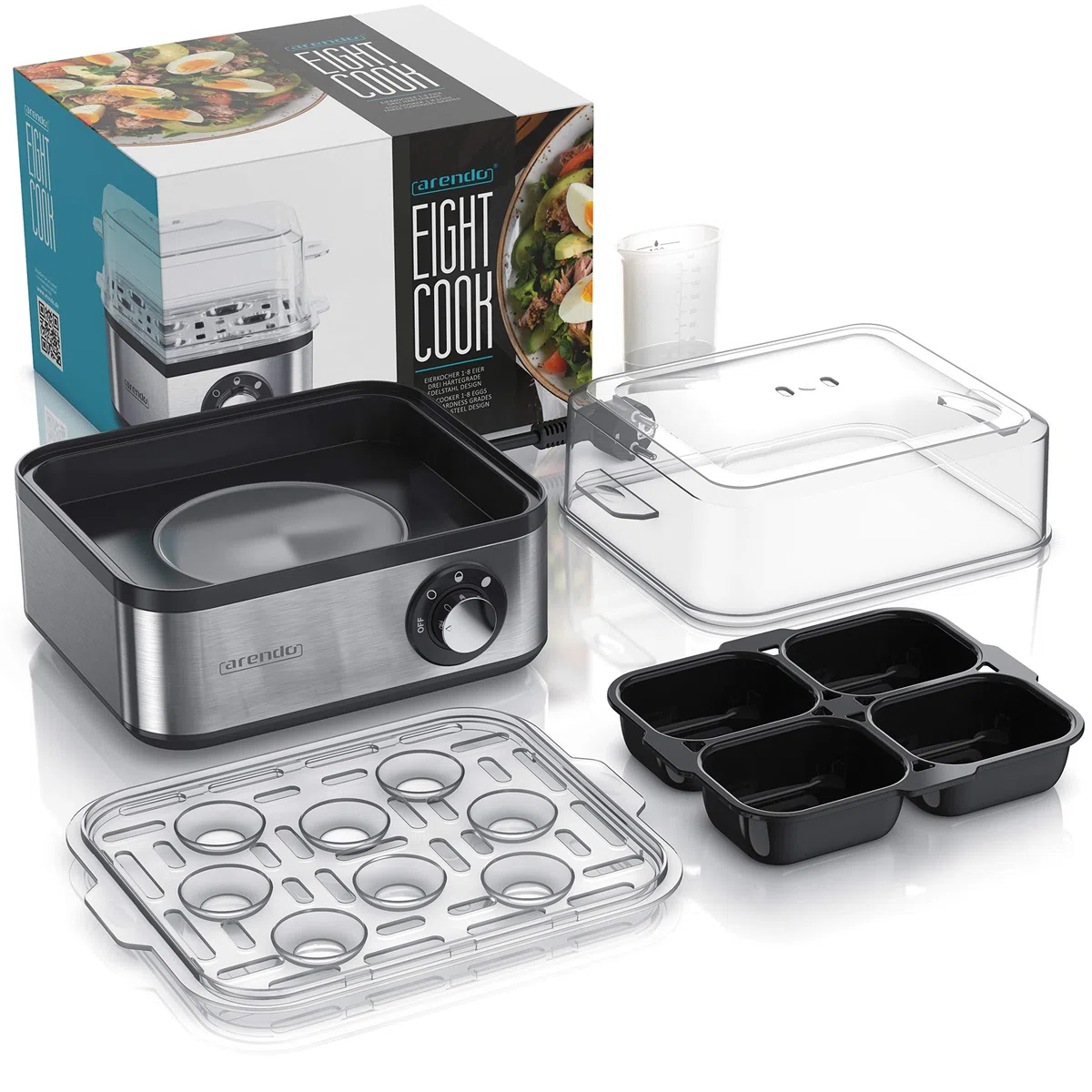 arendo - Cuociuova in Acciaio Inox da 1 a 8 Uova - Fornello per Uova – Cuoci Uova da 500 W - Tre Gradi di durezza alla Coque, barzotto, sodo - Lavabile in lavastoviglie