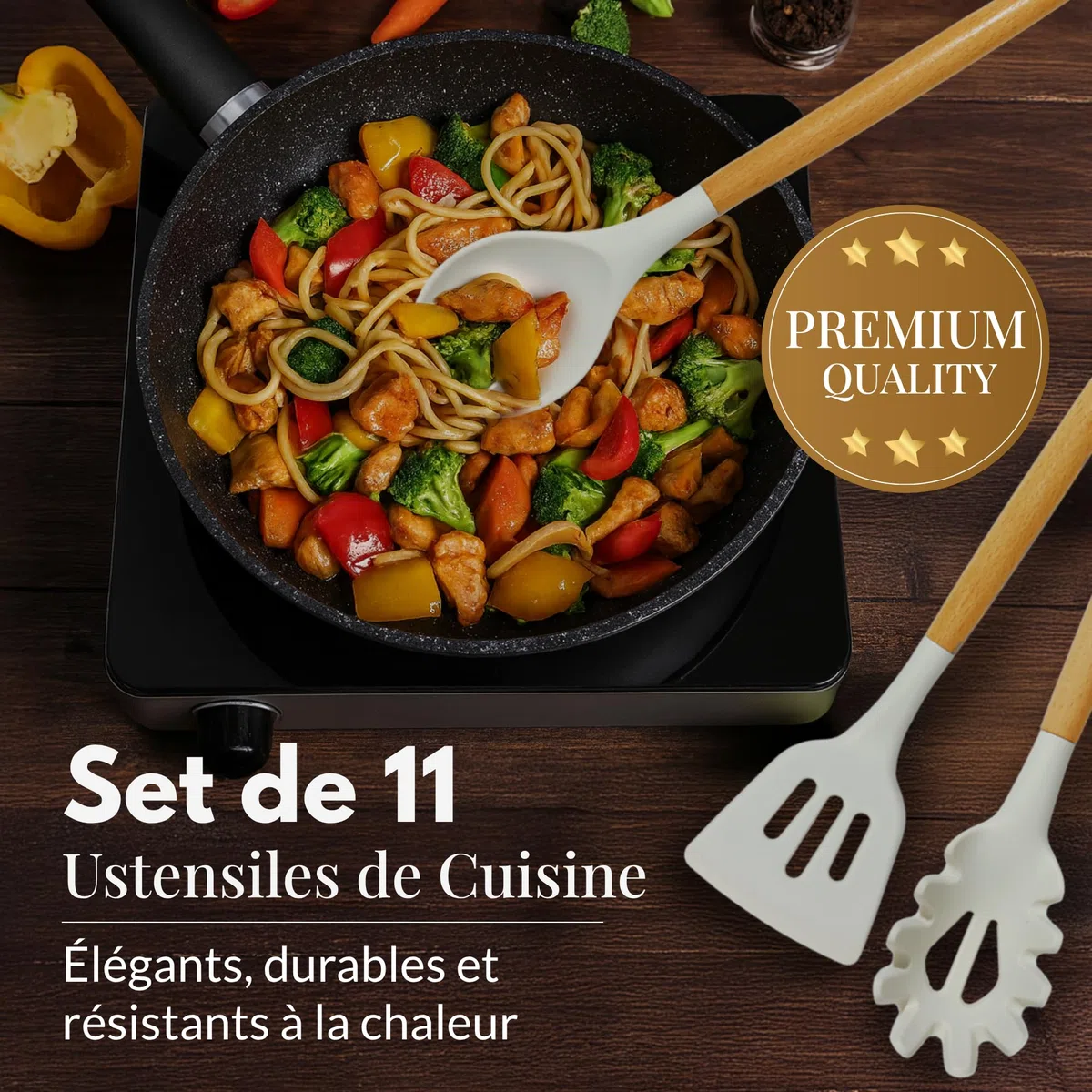 Mestoli Cucina, Set Utensili Cucina 22 Pezzi, Set Mestoli Silicone Senza BPA con Manico in Legno, Set Cucina Antiaderente con Porta Utensili - Bianco