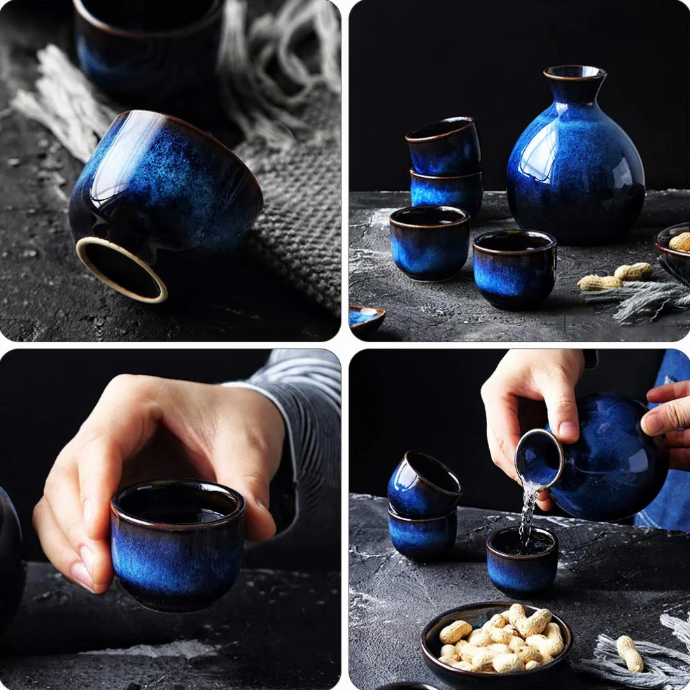 Lurrose Il set di sake giapponese in ceramica include 1 bottiglia di Tokkuri e 4 tazze di Ochoko per tazza di tè tradizionale di sake caldo o freddo