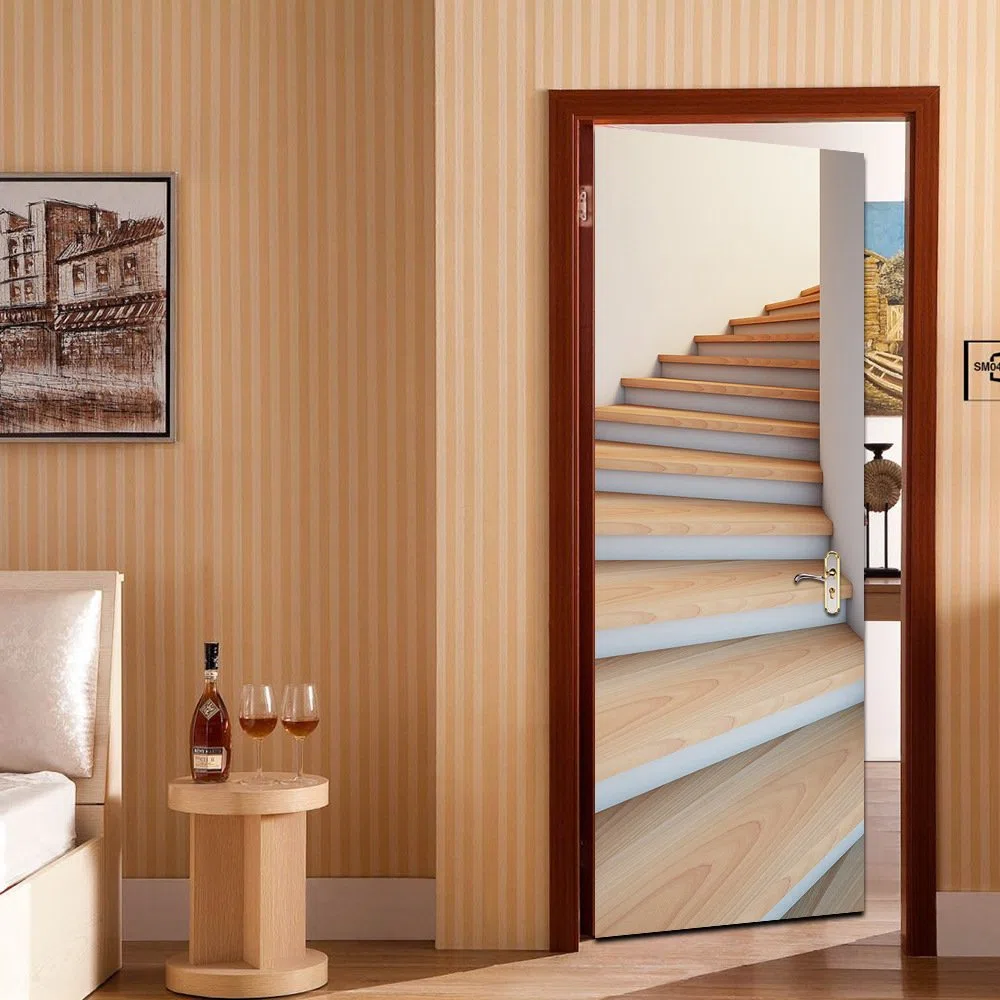 Adesivo Porta Autoadesiva Adesivi Per Porte Per Scale In Legno Imitazione 3D Per Soggiorno Camera Da Letto Impermeabile In Pvc Decorstair Decal Carta Da Parati Autoadesiva 95x215cm