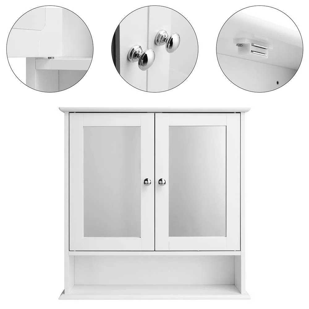 BAKAJI Mobiletto Specchiera Bagno Armadietto a Muro 3 Ripiani in Legno MDF Doppia Anta a Specchio con Apertura Centrale Dimensione 56 x 13 x 58 cm (Bianco Specchio)