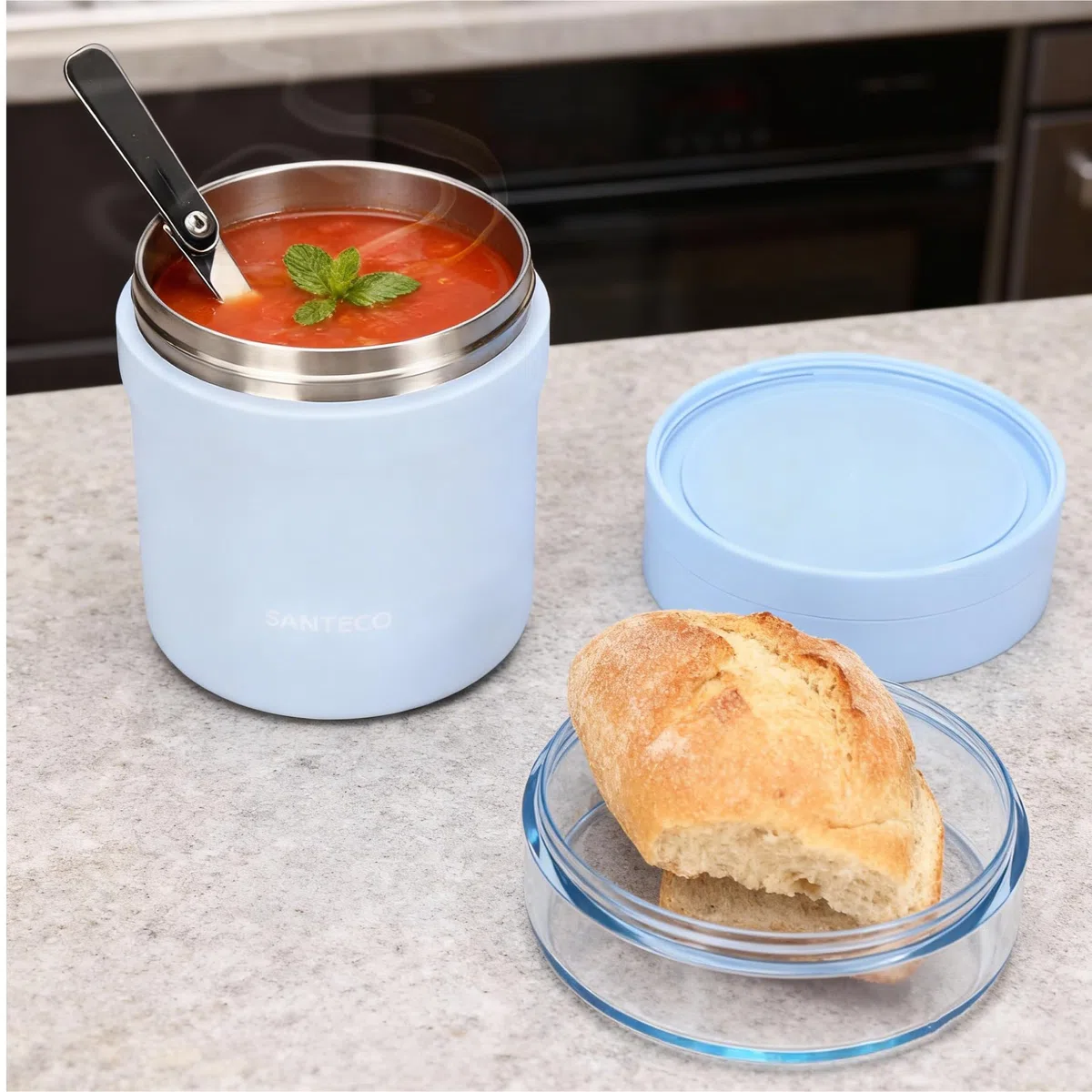 SANTECO Tazza per cereali to go, 500 ml + 220 ml, contenitore termico per cibo con cucchiaio, mantiene caldo 12 ore, lavabile in lavastoviglie, senza BPA, pratica tazza per yogurt, per lavoro, scuola