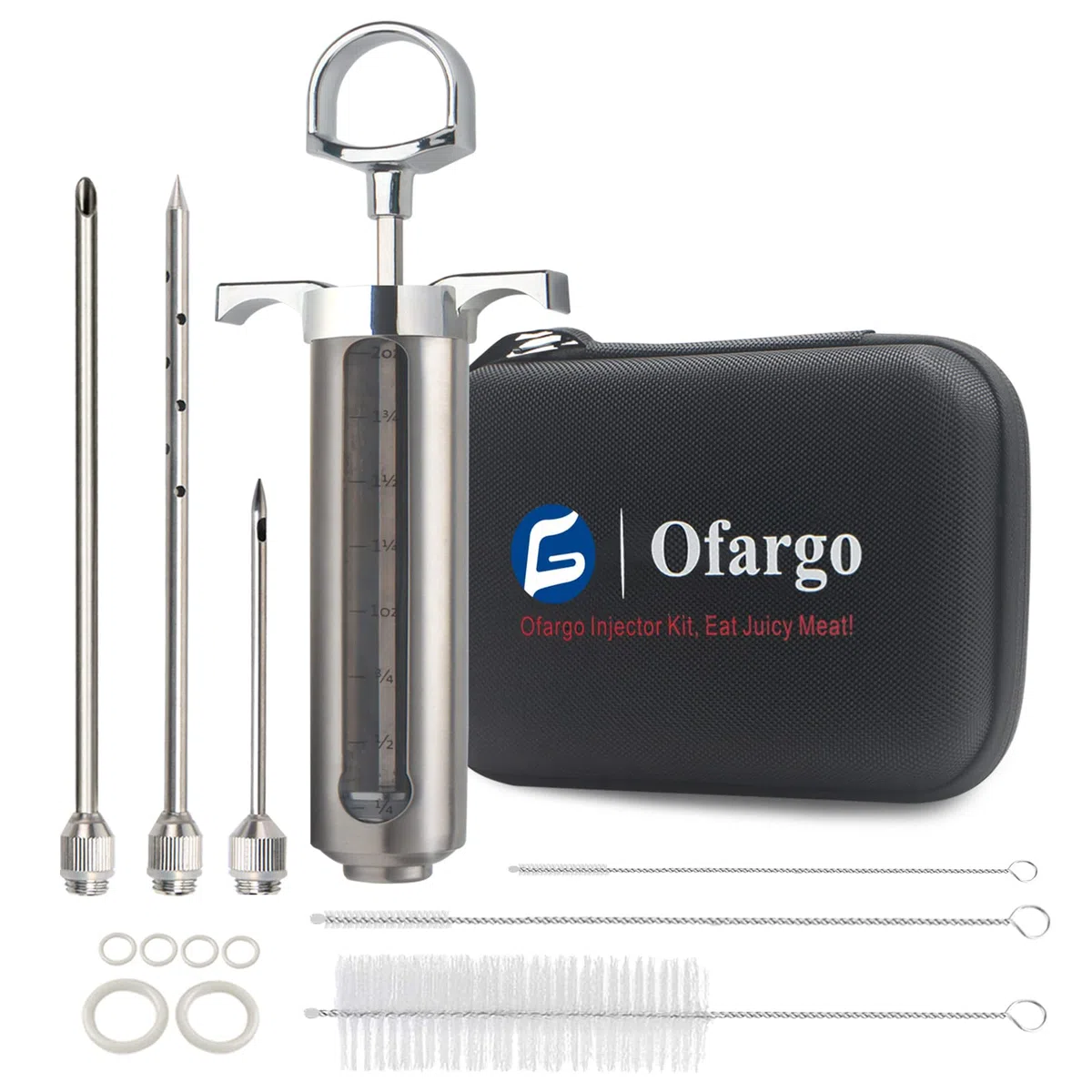 Ofargo Siringa per Carne, Siringa per Marinata con 3 Aghi per Carne in Acciaio Inossidabile, Siringa Alimentare e Marinata BBQ, Siringa Alimentare per Manzo, Pollo, Maiale, Tacchino; 60 ml/2 oz