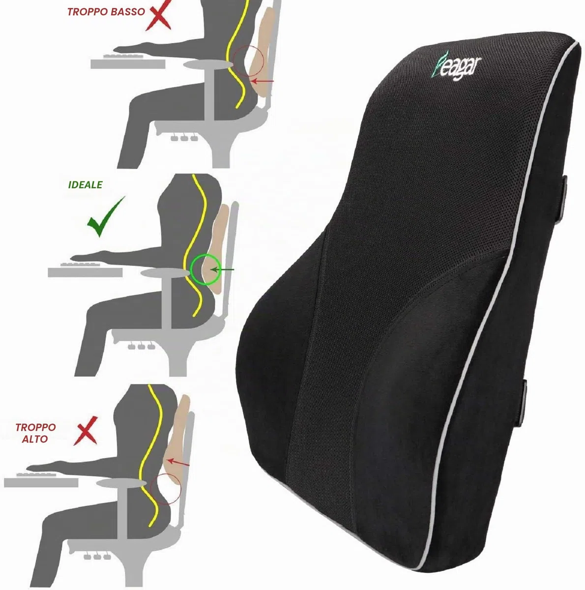 Feagar Cuscino Lombare, Postura, Schiena per Auto Ufficio Divano Sedia a Rotelle, con Rivestimento Removibile e Lavabile, Cinghie Regolabili, Nero