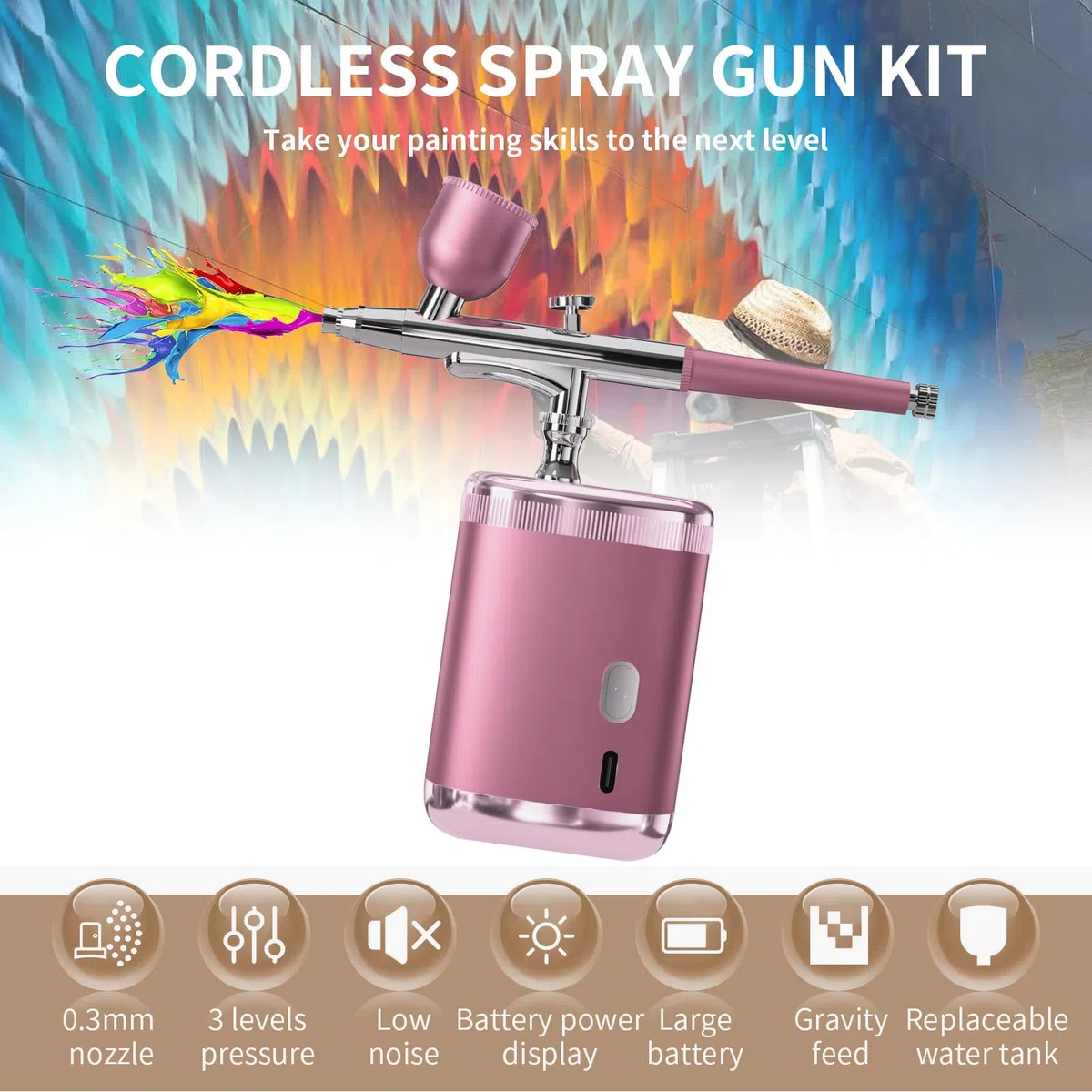 Kit Aerografo Senza Fili Rosa - Pistola a Spruzzo Portatile，Aerografo elettrico ricaricabile con ugello 0,3/0,5mm, 3 pressioni regolabili per nail art, modellismo, decorazione torte