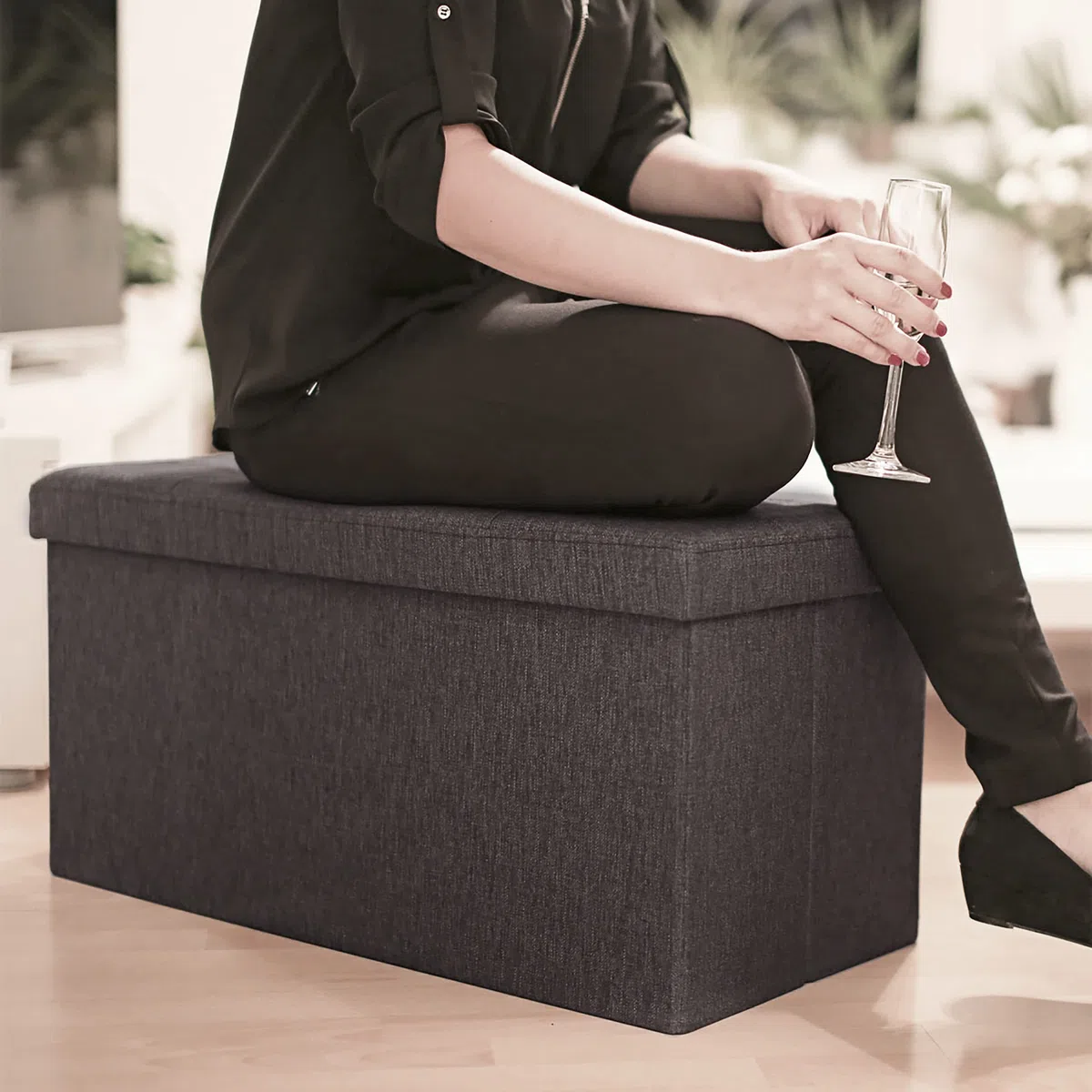 Relaxdays Pouf con Contenitore XL, Cassapanca con Coperchio, Panca Pieghevole, Sgabello Poggiapiedi, 36x76x38 cm,Marrone