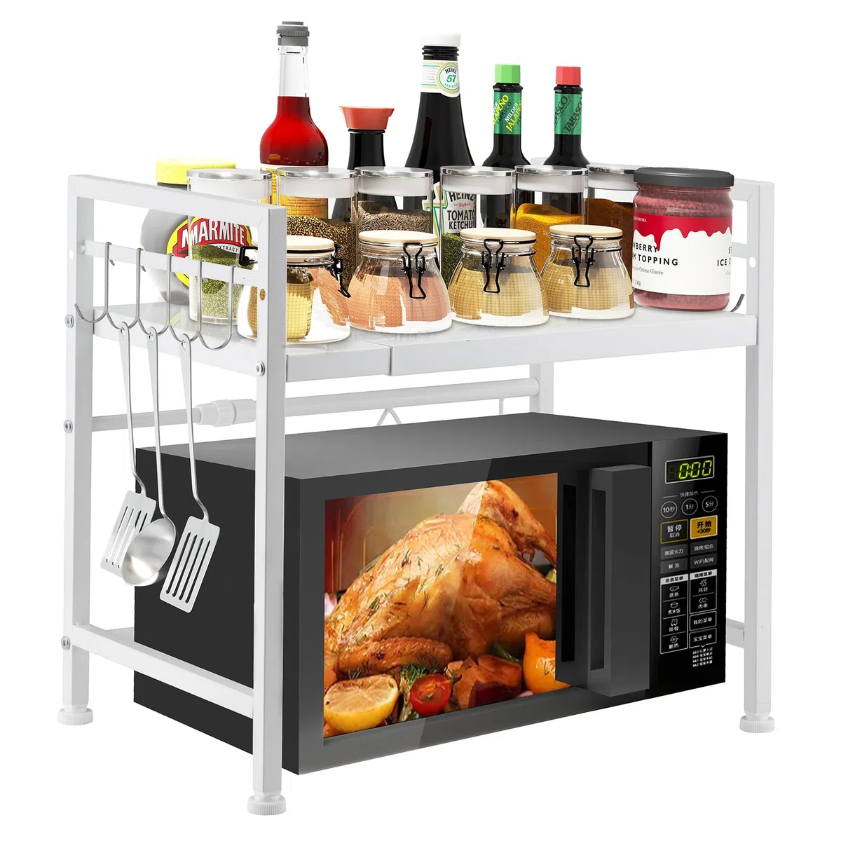 YunNasi Mensola per Microonde Supporto Estensibile per Forno a Microonde con 10 Ganci Scaffale da Cucina in Acciaio Carbonio Organizzatore di Stoccaggio da Cucina per Pentole e Padelle (Bianco 1)