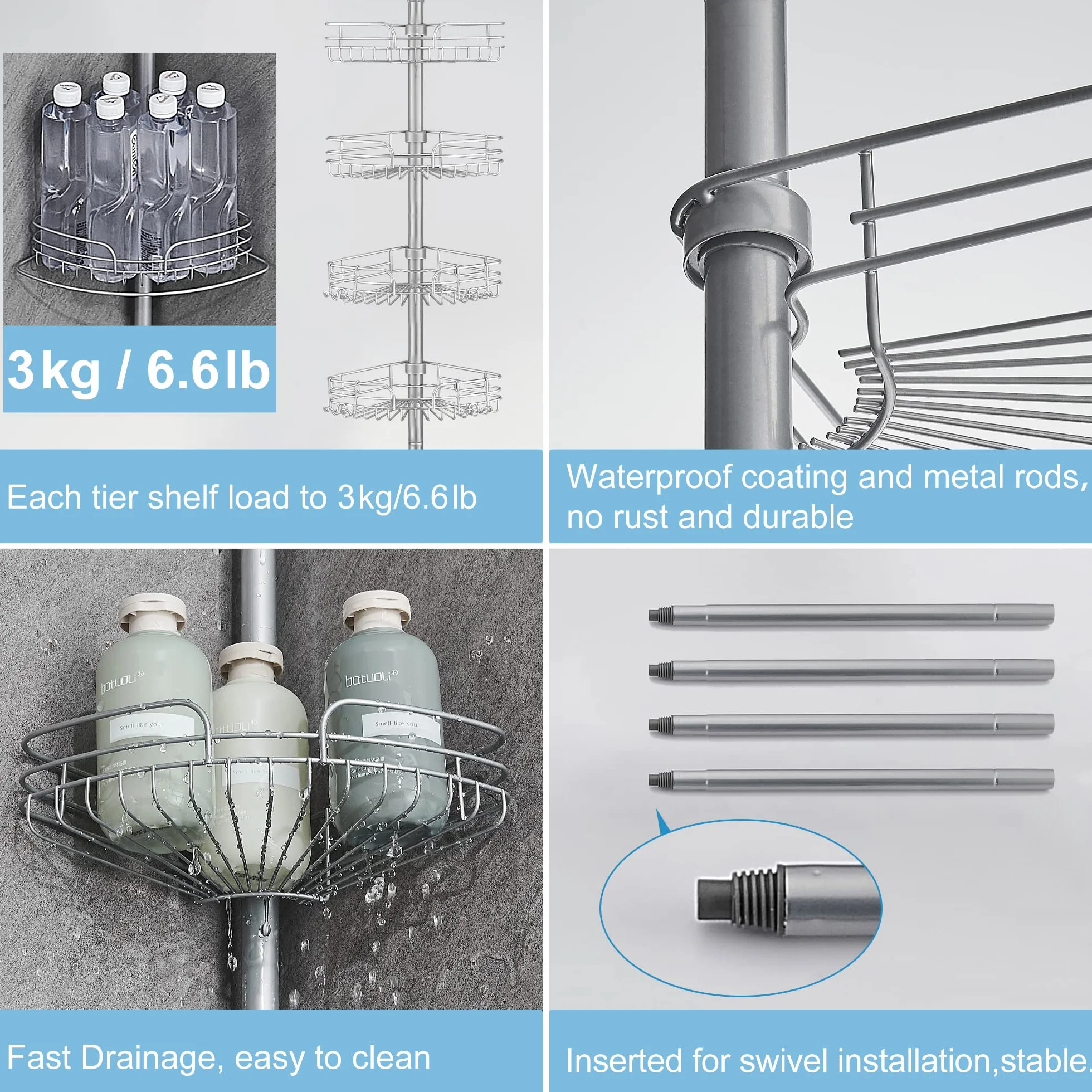 DUFU Telescopico Mensola Doccia Angolare Portaoggetti Doccia Metallo Senza Foratura con 4 Ripiani per Vasca o Bagno Stoccaggio 73-265CM Regolabile in Altezza Grigio