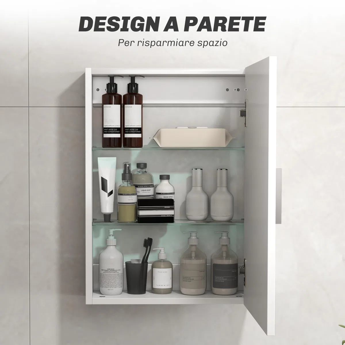 HOMCOM Armadietto Bagno da Parete in Legno e Vetro, Pensile Bagno con 3 Ripiani Regolabili su 3 Livelli, Mobiletto Sospeso con Porta, 40x15x55 cm, Bianco Lucido