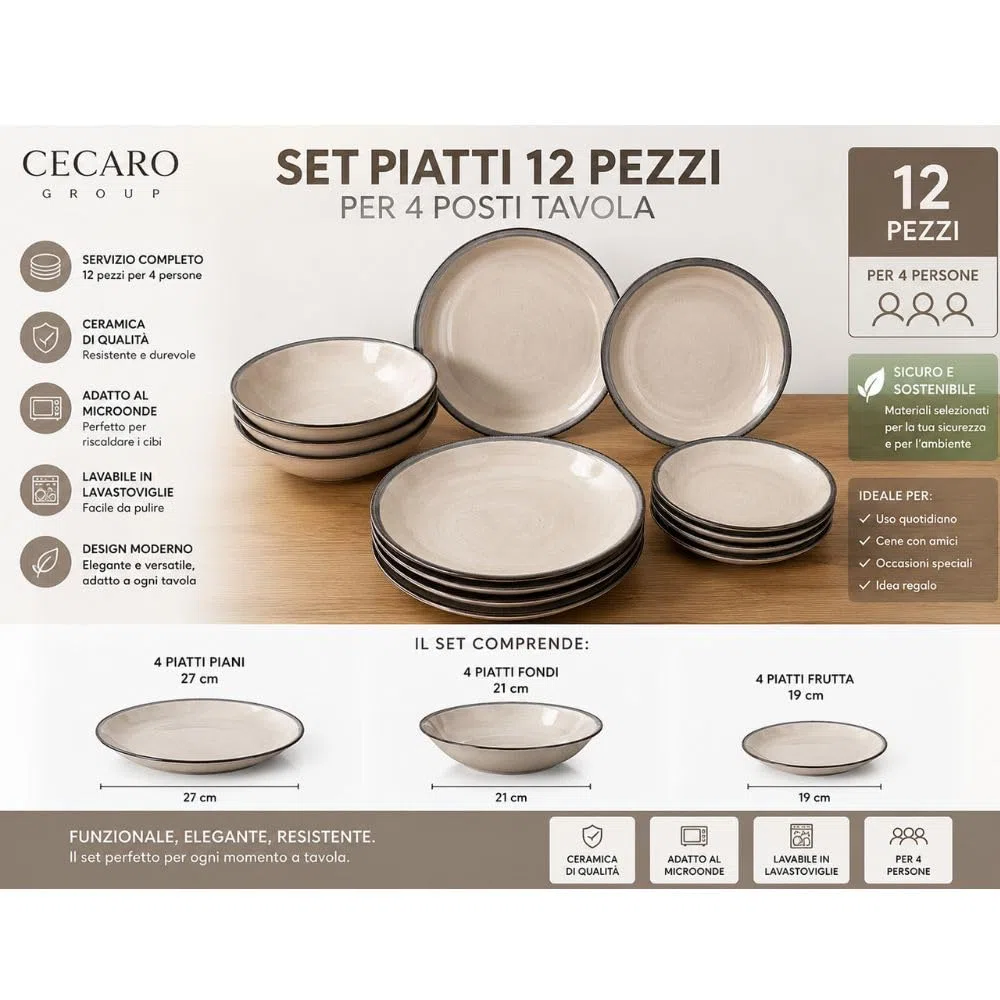 Set Piatti 12 Pezzi in Ceramica – Servizio Tavola per 4 Persone con 4 Piatti Piani, 4 Fondi e 4 Frutta – Design Moderno – Varianti Blu o Tortora (Tortora)