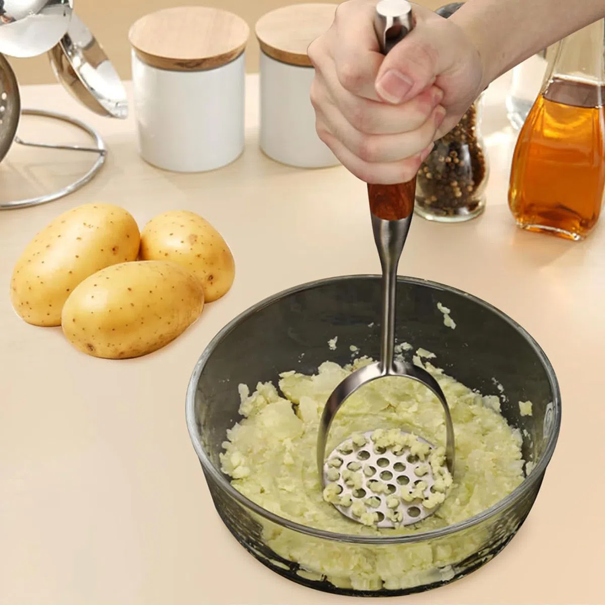 Schiaccia Patate,Utensile da Cucina Schiacciapatate,Pestello per Purée di Patate,Pressa per Verdure in Acciaio Inox, Pressa Manuale in Acciaio Inossidabile per Puree di Patate,per frutta verdura (A)