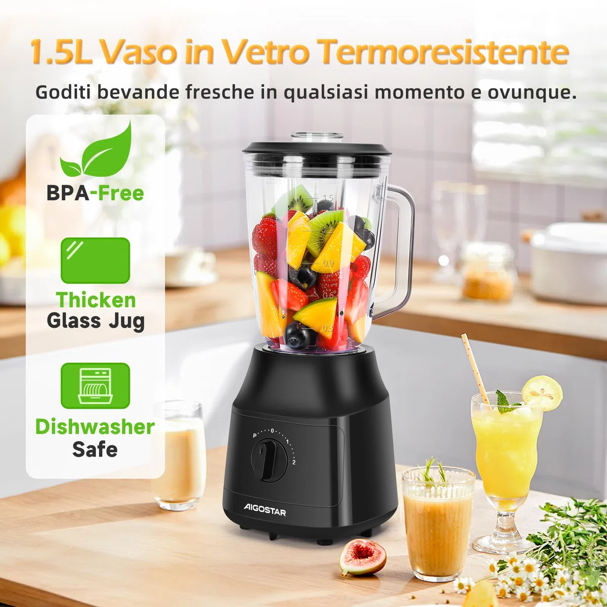 Aigostar Frullatore Elettrico, Frullatore da Tavolo con 1.5L Vaso in Vetro Termoresistente, 4 Lame con Rivestimento in Titanio, 800W, 2 Velocità e Funzione Pulse, per Frullati e Purea，Swift.